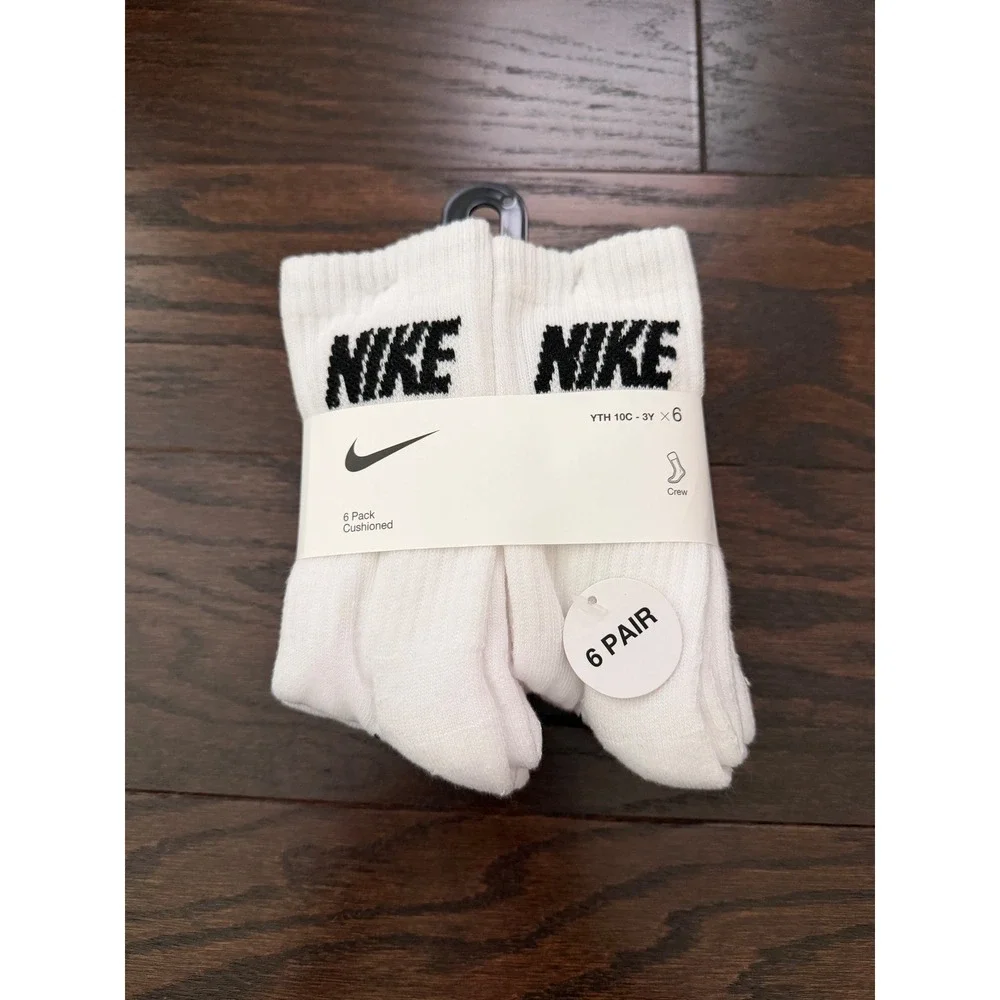 Nike Kids Everyday Cushioned Crew Socks 6 Pack White Black BN0509-F00 Size XS
